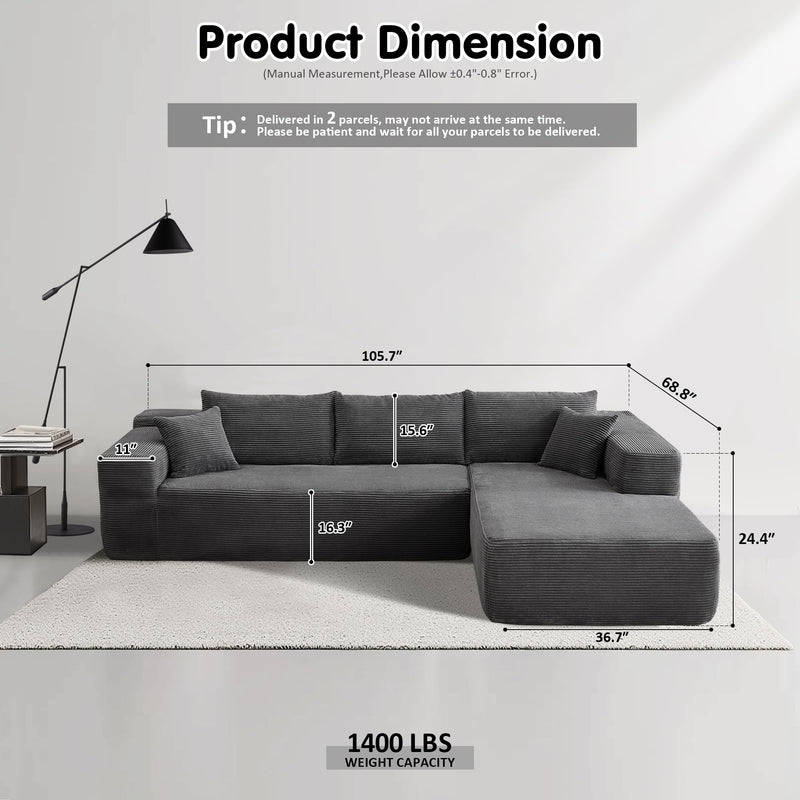 OVIOS 104" L-Shape Modular Couch with Chaise,Corduroy Fabric,No Assembly Required