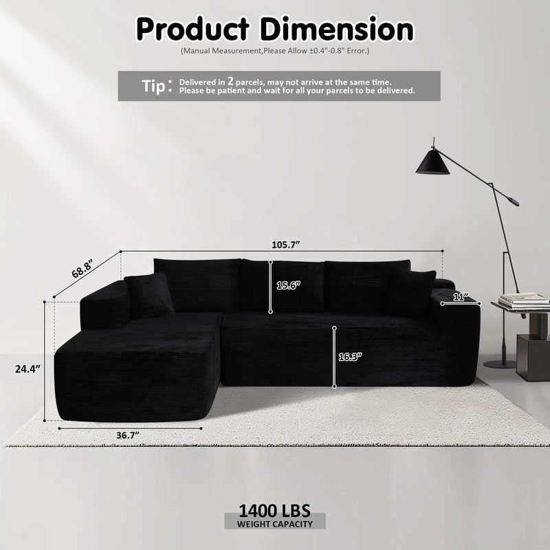 OVIOS 104" L-Shape Modular Couch with Chaise,Corduroy Fabric,No Assembly Required