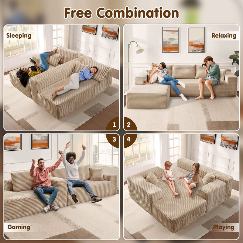 OVIOS 104" L-Shape Modular Couch with Chaise, Plush Corduroy Fabric, No Assembly Required